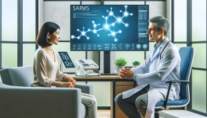 A modern medical consultation room with a male doctor and a female patient discussing a digital screen showing SARMs molecular structures. The doctor