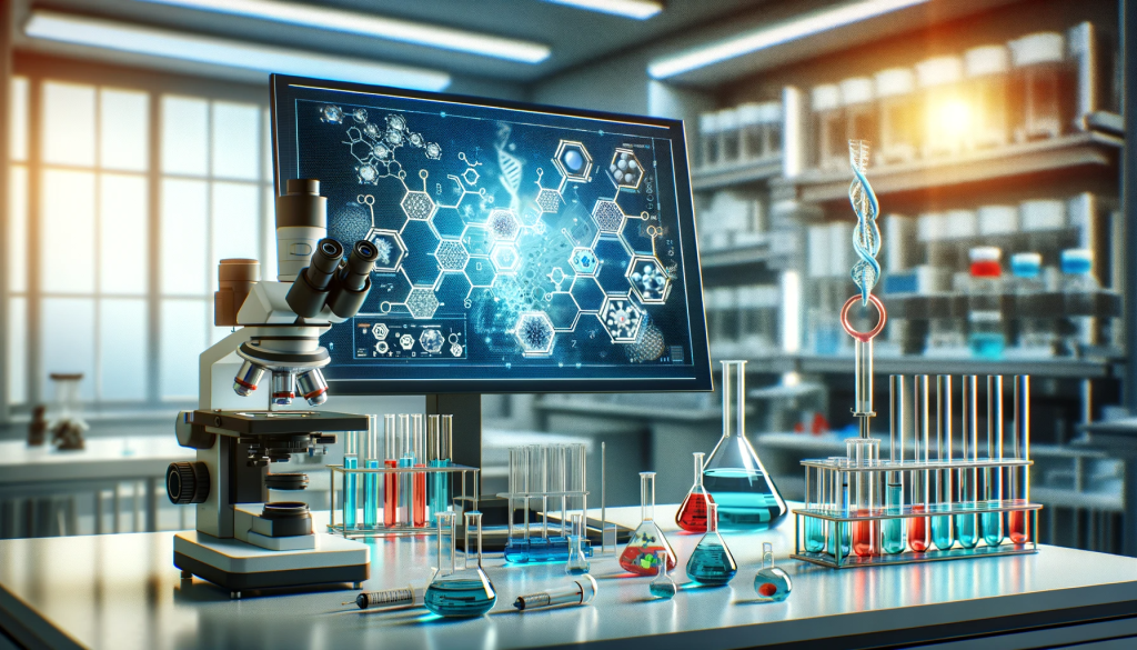 A modern medical research laboratory with advanced equipment. The lab includes a high-tech microscope, a digital display showing peptide structures, t