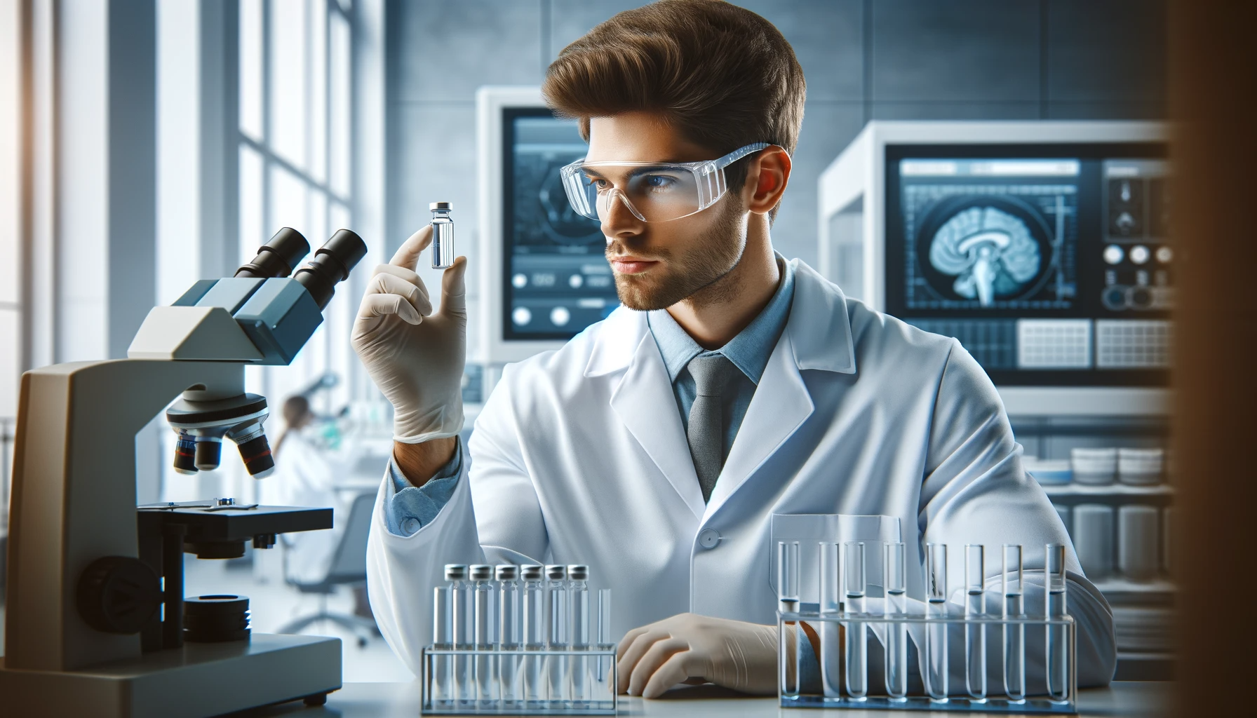 A realistic image of a male scientist in a laboratory, wearing a lab coat and safety goggles, examining a vial containing a clear liquid. The laborato.png